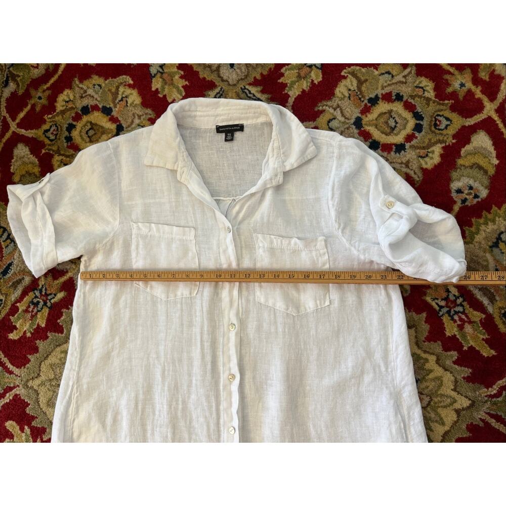 Saks Fifth Avenue L 100% Linen White Dress Button Down Tiered Ruffle Pocket Boho - Picture 6 of 11